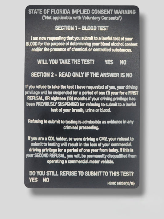 Florida Implied Consent Card - Florida, law enforcement, police, deputy, trooper, dwi, implied consent, gift for cop