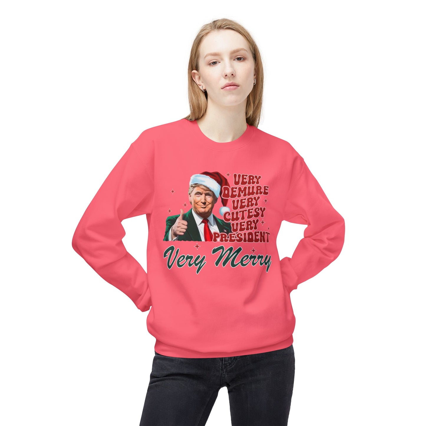 Very Demure Donald Trump Christmas Sweatshirt, Funny Political Holiday Jumper, Humorous President Xmas Pullover, Soft Fleece Crewneck