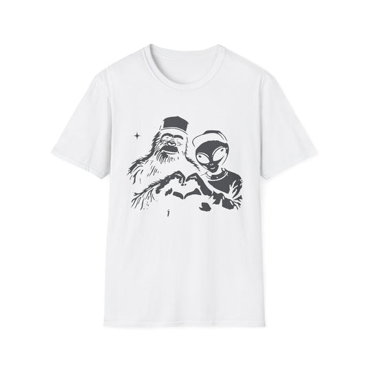 Funny Unisex Softstyle T-Shirt, Sasquatch Alien Graphic Tee, Unique Gift for UFO Lovers, Quirky Humor Shirt, Casual Everyday Wear