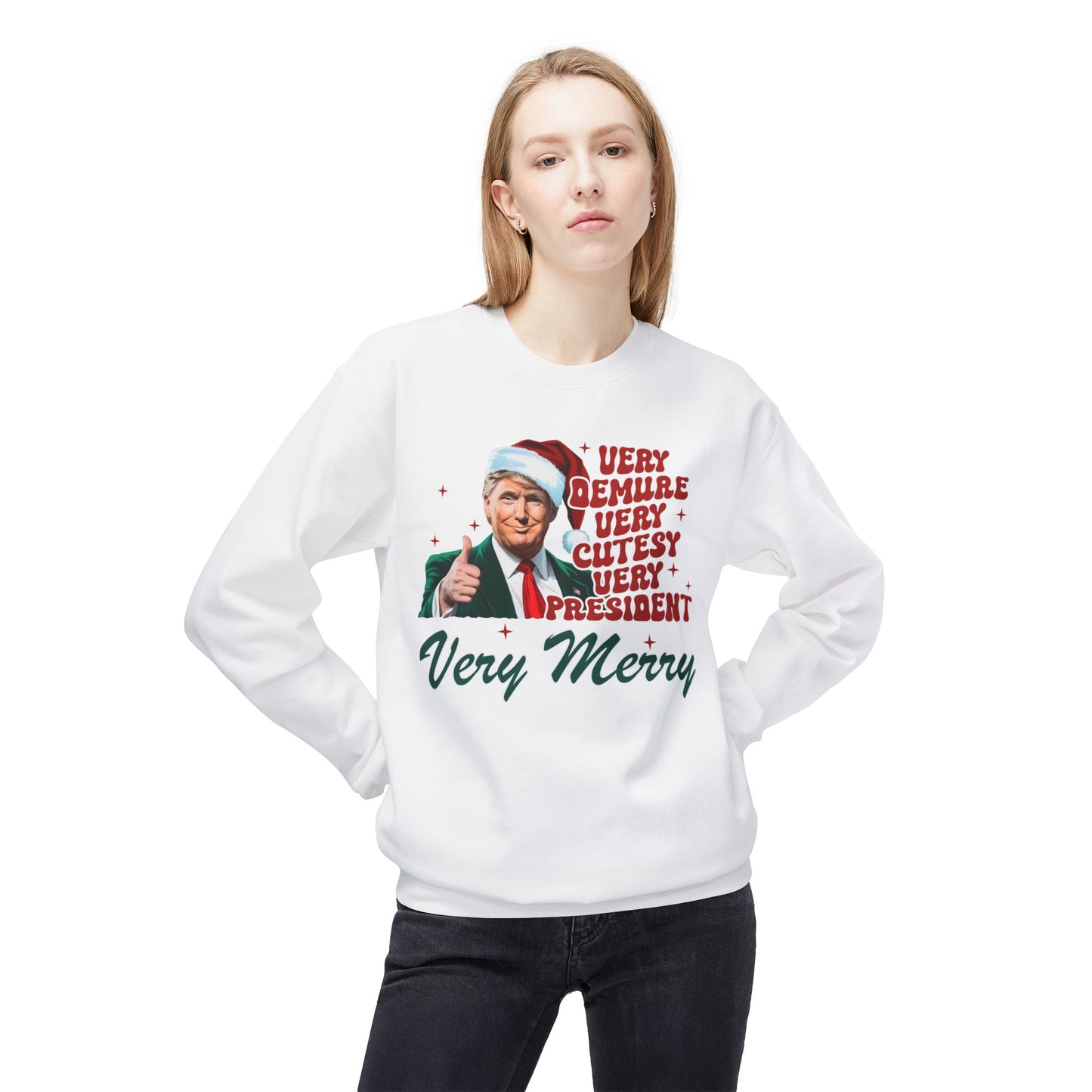 Very Demure Donald Trump Christmas Sweatshirt, Funny Political Holiday Jumper, Humorous President Xmas Pullover, Soft Fleece Crewneck