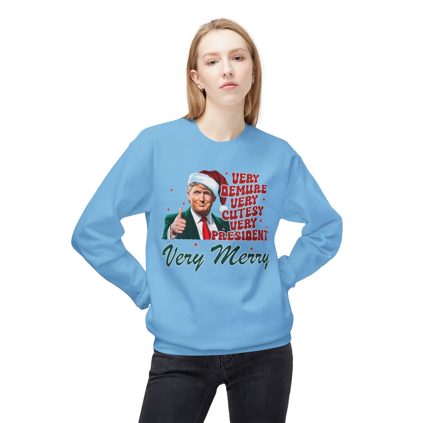 Very Demure Donald Trump Christmas Sweatshirt, Funny Political Holiday Jumper, Humorous President Xmas Pullover, Soft Fleece Crewneck