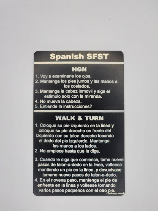 Spanish SFST/HGN Card - field sobriety, law enforcement, cops, police, sheriff, metal card, thin blue line, trooper, dwi