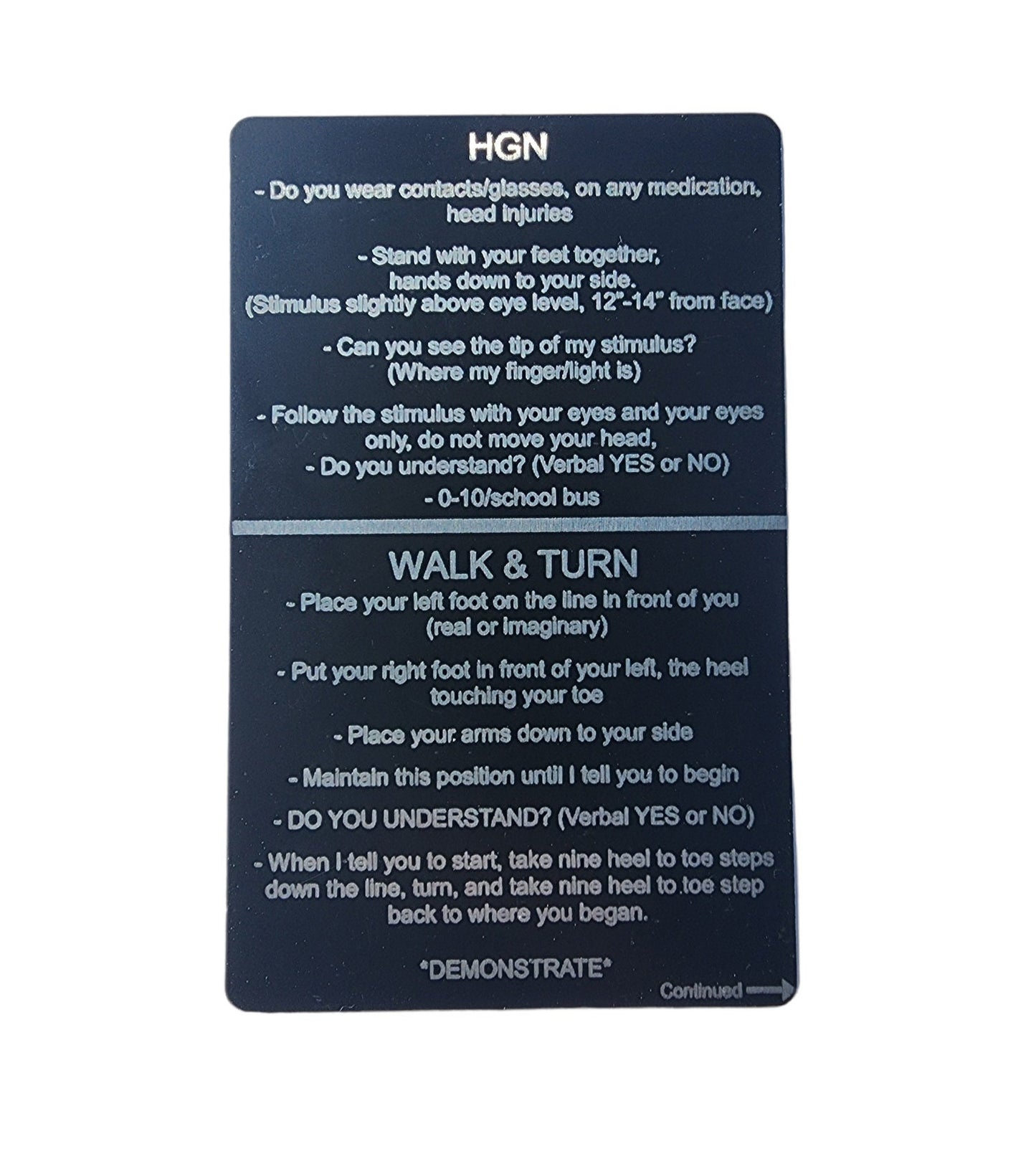 Metal SFST/HGN Card - field sobriety, law enforcement, cops, police, sheriff, metal card, thin blue line, trooper, dwi