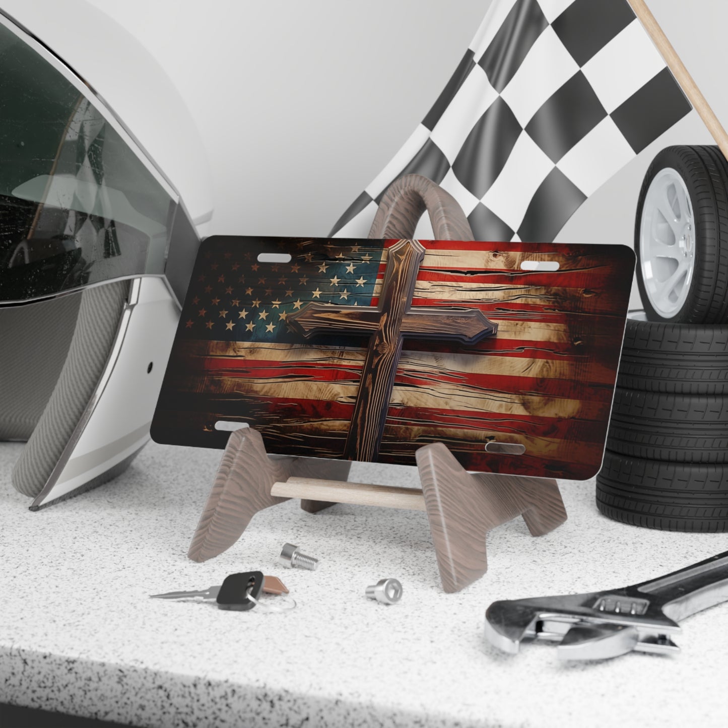 Metal Vanity Plate, Rustic American Flag Cross License Plate, Patriotic Car Decor, USA Souvenir, Americana Gift, Vehicle Accessories