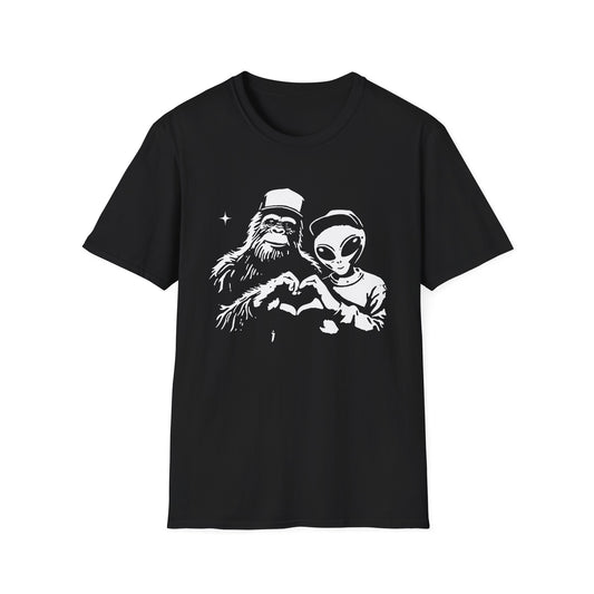 Funny Unisex Softstyle T-Shirt, Sasquatch Alien Graphic Tee, Unique Gift for UFO Lovers, Quirky Humor Shirt, Casual Everyday Wear