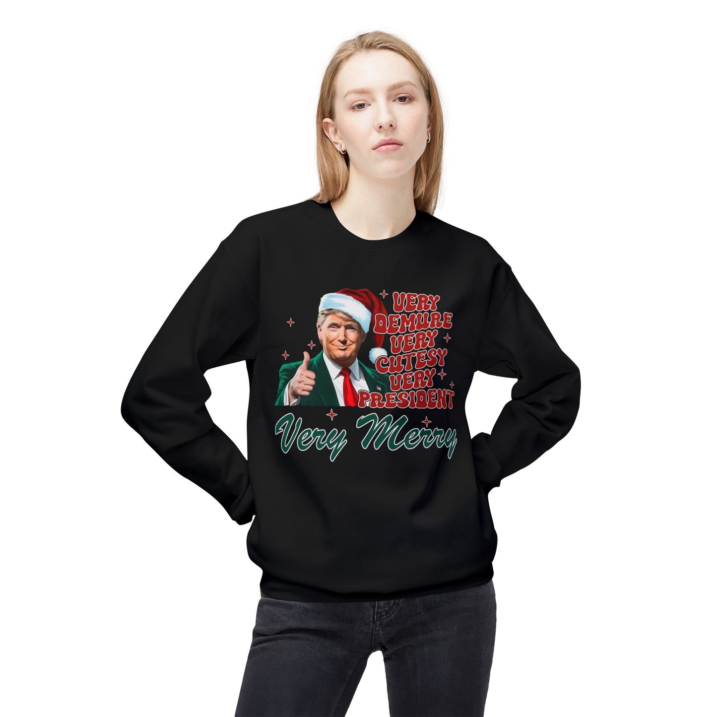 Very Demure Donald Trump Christmas Sweatshirt, Funny Political Holiday Jumper, Humorous President Xmas Pullover, Soft Fleece Crewneck