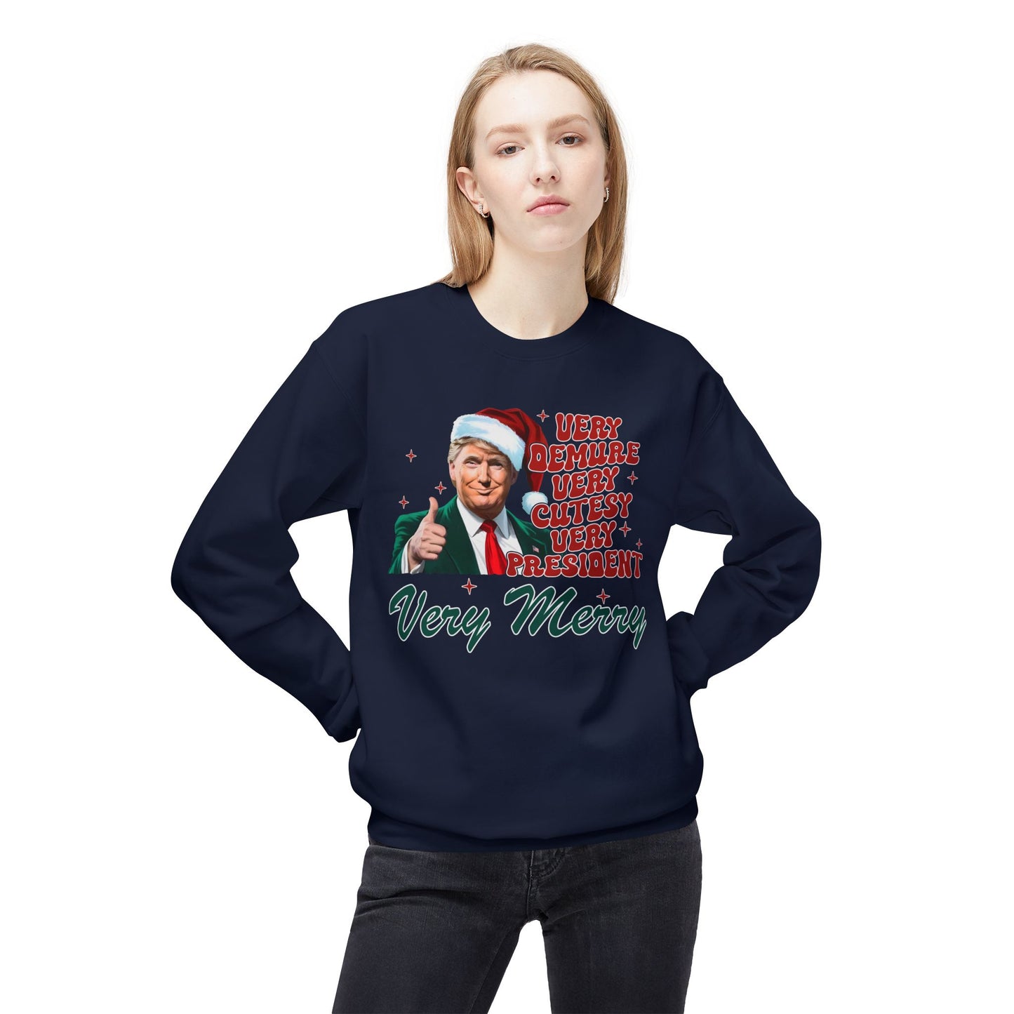 Very Demure Donald Trump Christmas Sweatshirt, Funny Political Holiday Jumper, Humorous President Xmas Pullover, Soft Fleece Crewneck