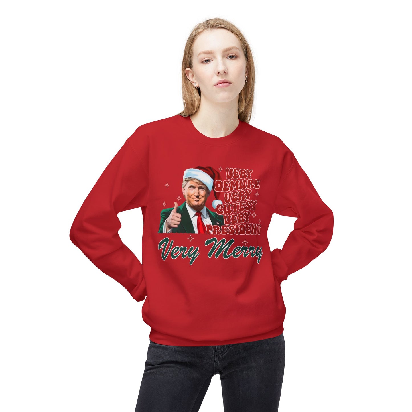 Very Demure Donald Trump Christmas Sweatshirt, Funny Political Holiday Jumper, Humorous President Xmas Pullover, Soft Fleece Crewneck