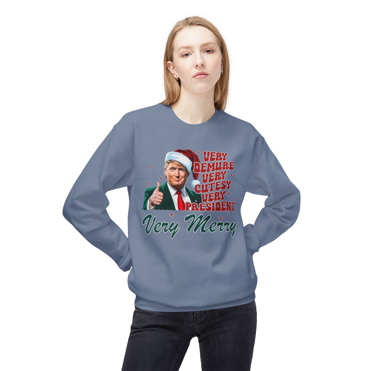 Very Demure Donald Trump Christmas Sweatshirt, Funny Political Holiday Jumper, Humorous President Xmas Pullover, Soft Fleece Crewneck