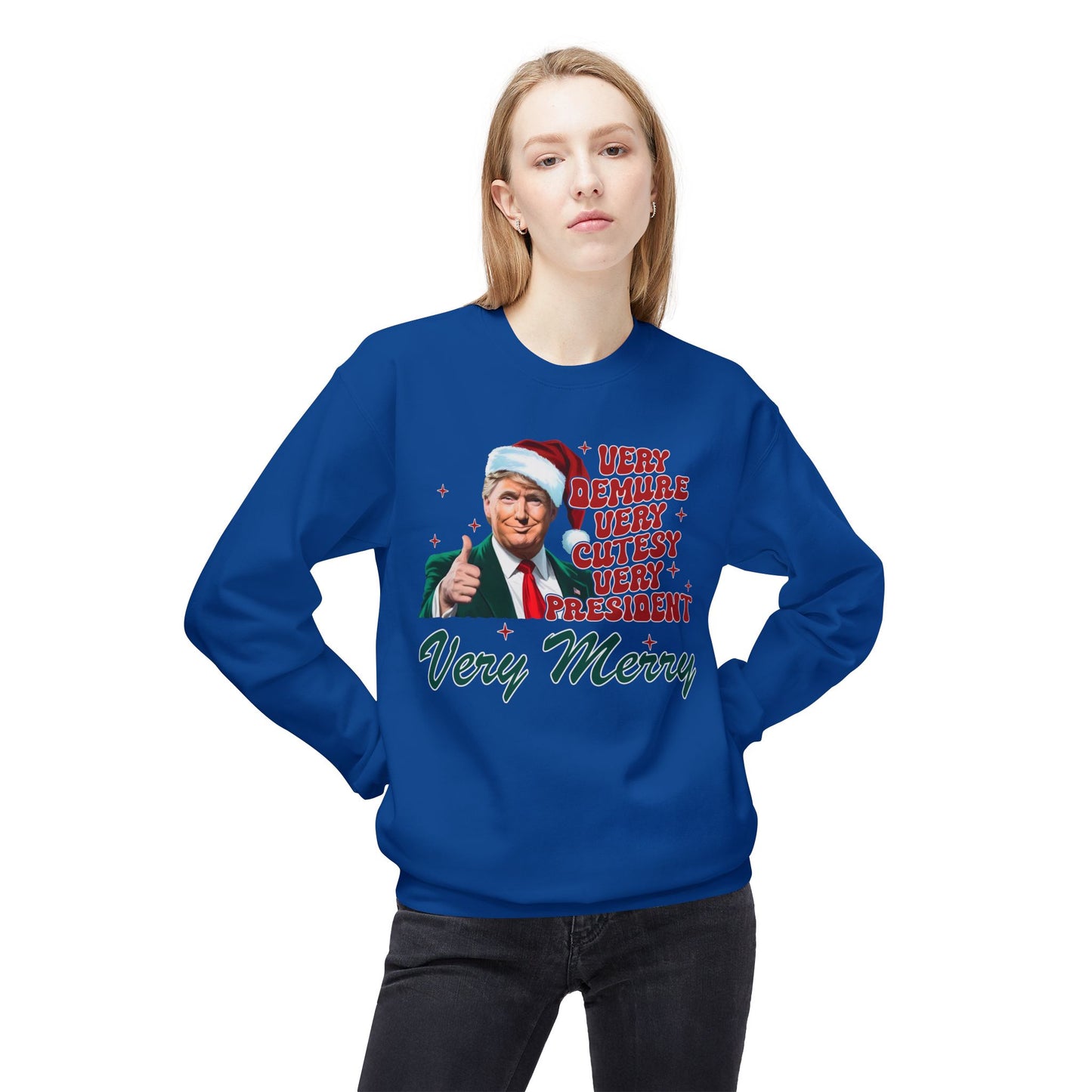 Very Demure Donald Trump Christmas Sweatshirt, Funny Political Holiday Jumper, Humorous President Xmas Pullover, Soft Fleece Crewneck