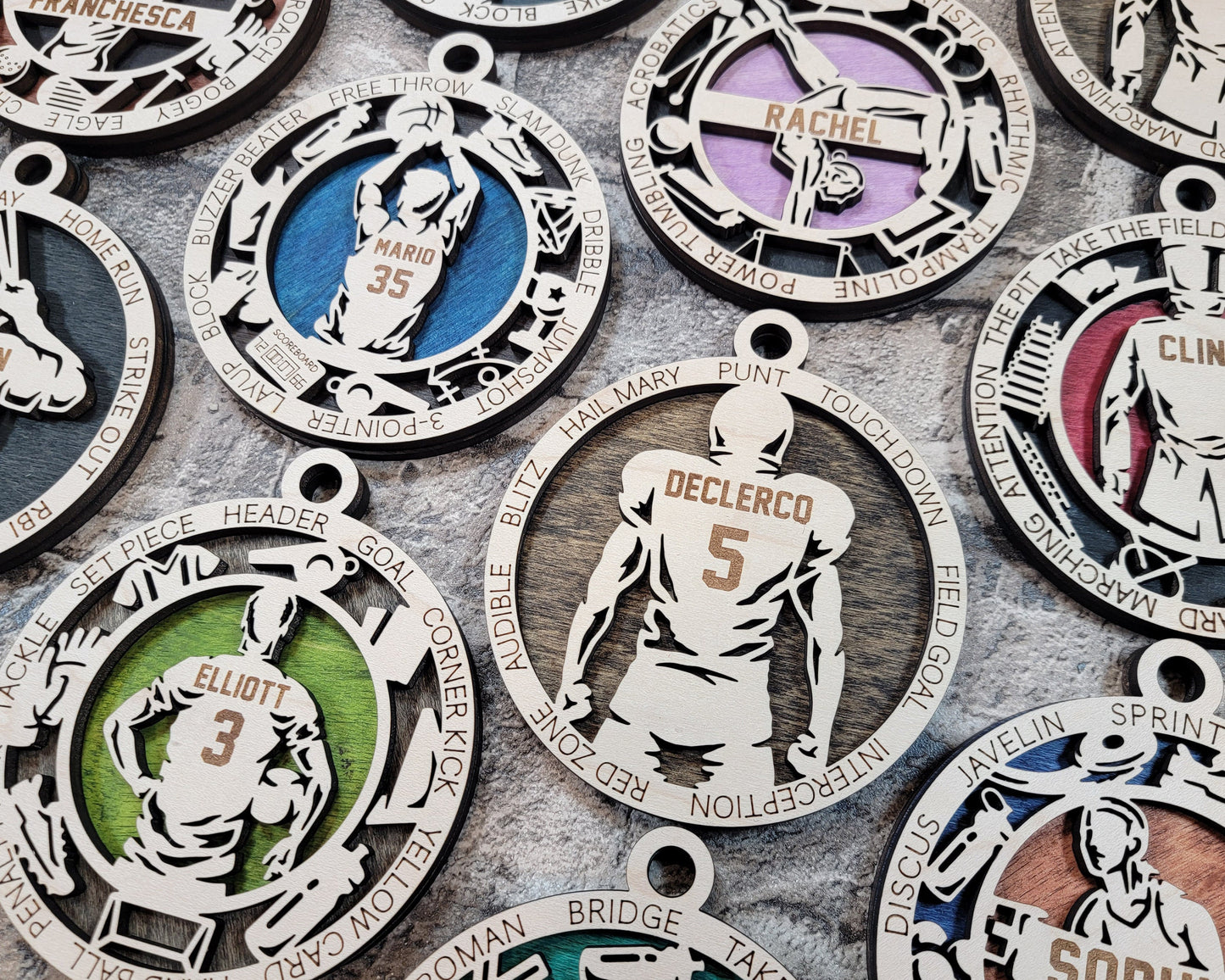Custom Sports Ornaments - personalized, baseball, basketball, football, soccer, laser engraved ornaments, christmas ornaments