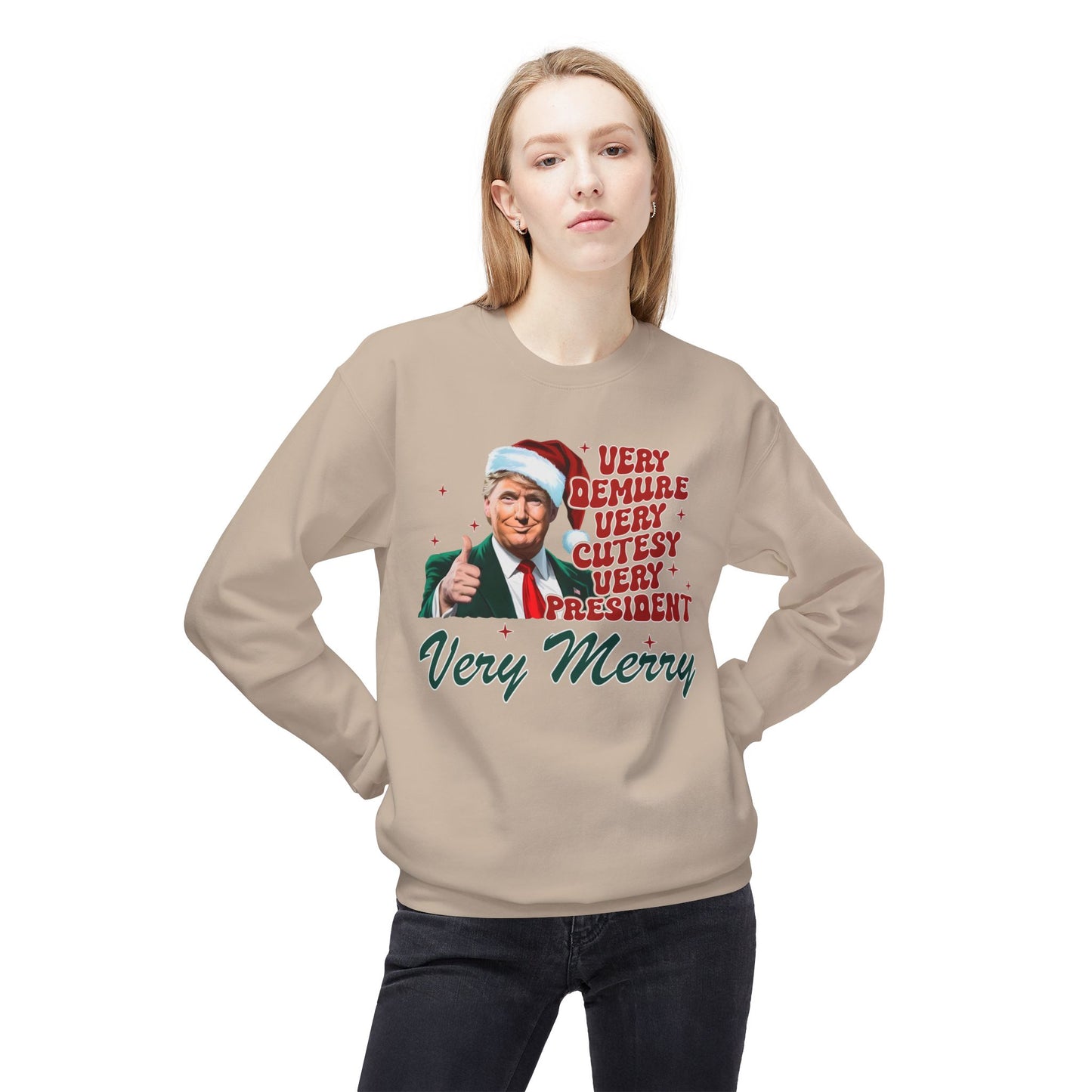Very Demure Donald Trump Christmas Sweatshirt, Funny Political Holiday Jumper, Humorous President Xmas Pullover, Soft Fleece Crewneck