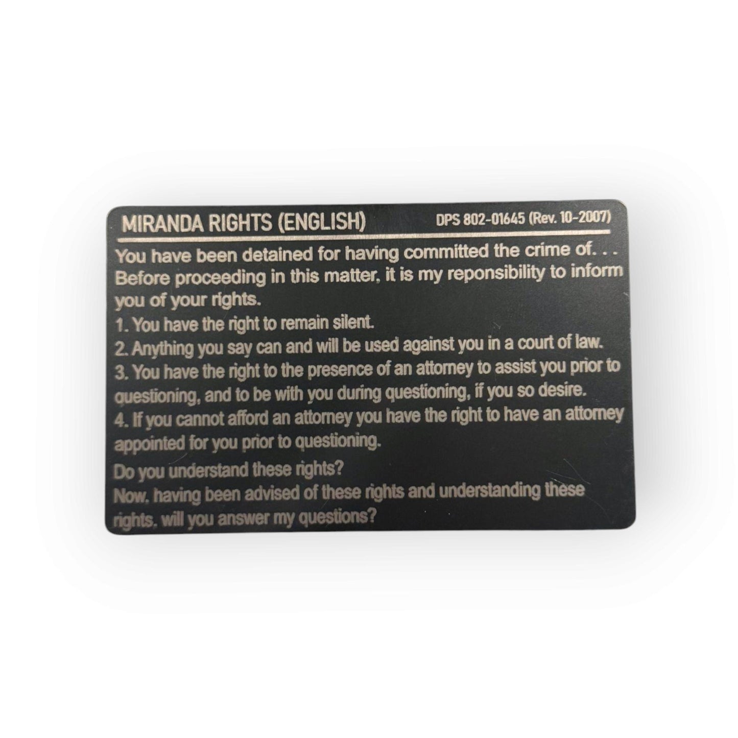 Arizona State Trooper Metal Miranda Warning Card - law enforcement, metal, laser engraved, police gift, police gift, trooper, sheriff