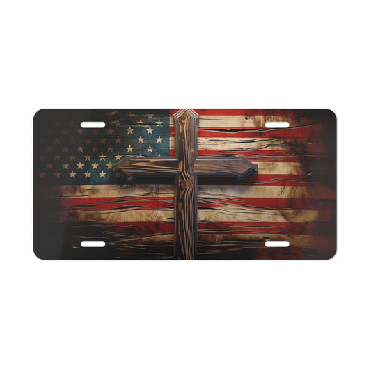 Metal Vanity Plate, Rustic American Flag Cross License Plate, Patriotic Car Decor, USA Souvenir, Americana Gift, Vehicle Accessories