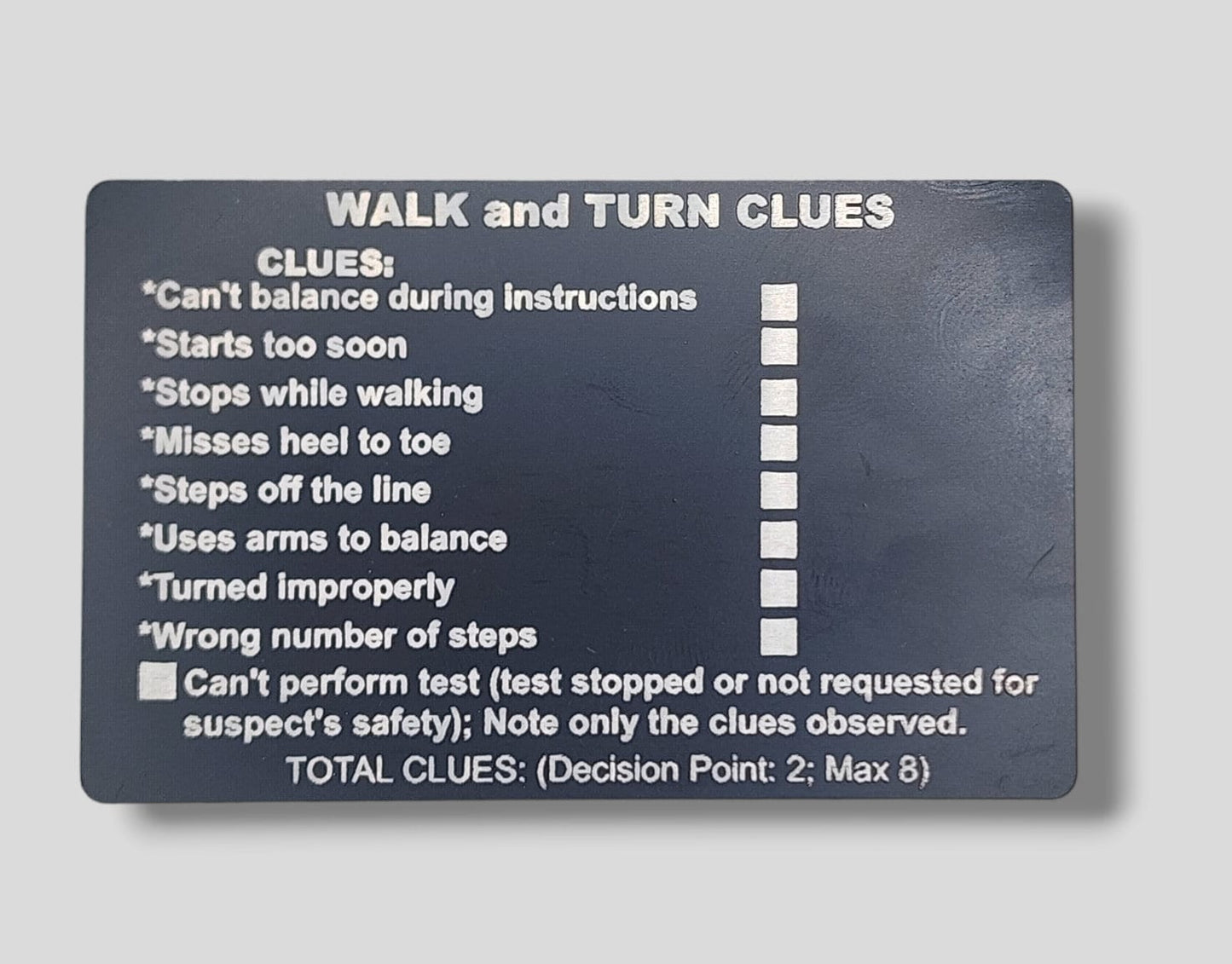 Metal NHTSA SFST Checklist Cards - walk and turn, hgn, one leg stand, law enforcement, trooper, dwi, police card