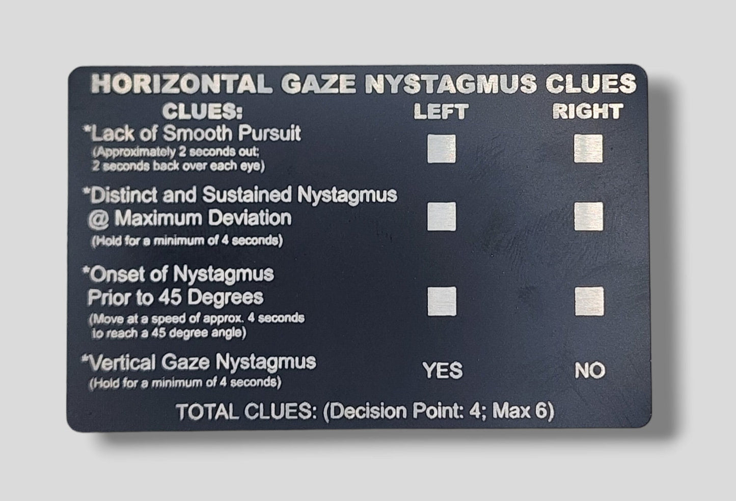 Metal NHTSA SFST Checklist Cards - walk and turn, hgn, one leg stand, law enforcement, trooper, dwi, police card