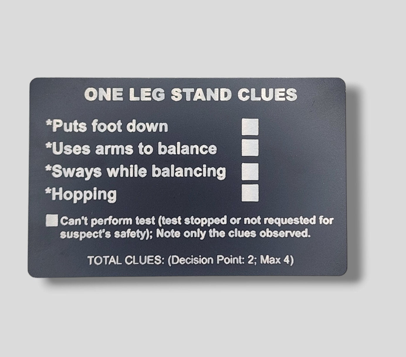 Metal NHTSA SFST Checklist Cards - walk and turn, hgn, one leg stand, law enforcement, trooper, dwi, police card