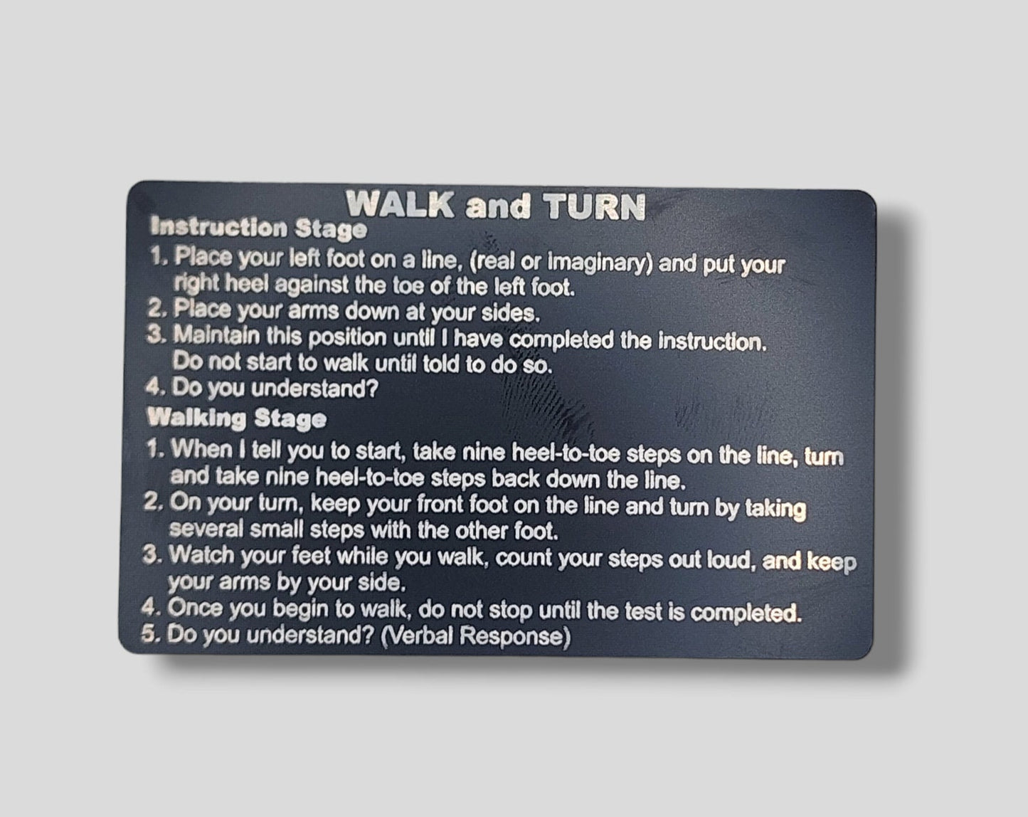 Metal NHTSA SFST Checklist Cards - walk and turn, hgn, one leg stand, law enforcement, trooper, dwi, police card