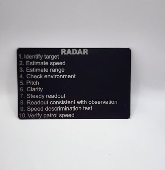 RADAR/LIDAR Speed Tracking History Card - radar, lidar, law enforcement, cops, police, sheriff, metal card, thin blue line, trooper, dwi,