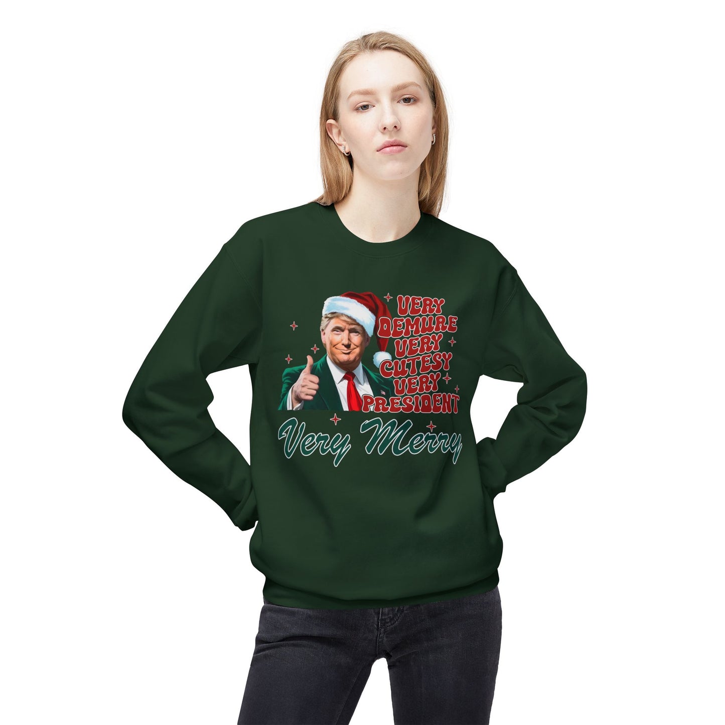Very Demure Donald Trump Christmas Sweatshirt, Funny Political Holiday Jumper, Humorous President Xmas Pullover, Soft Fleece Crewneck