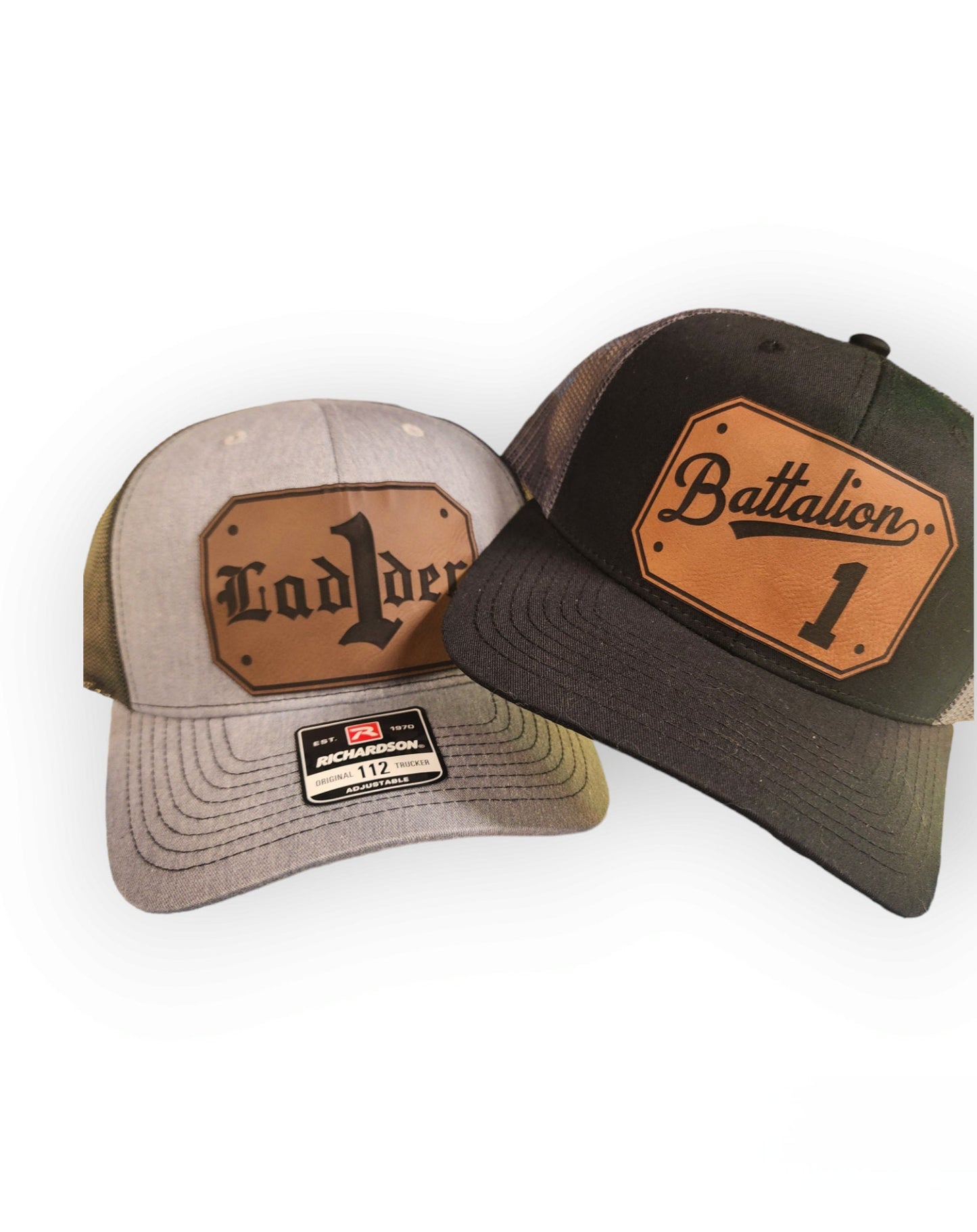 Custom Firefighter Leather Patch Hat - Richardson 112, passport, engine, ladder, fire hat