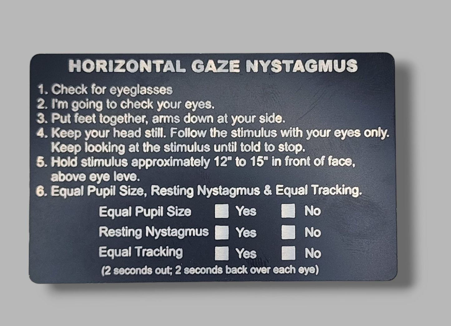 Metal NHTSA SFST Checklist Cards - walk and turn, hgn, one leg stand, law enforcement, trooper, dwi, police card