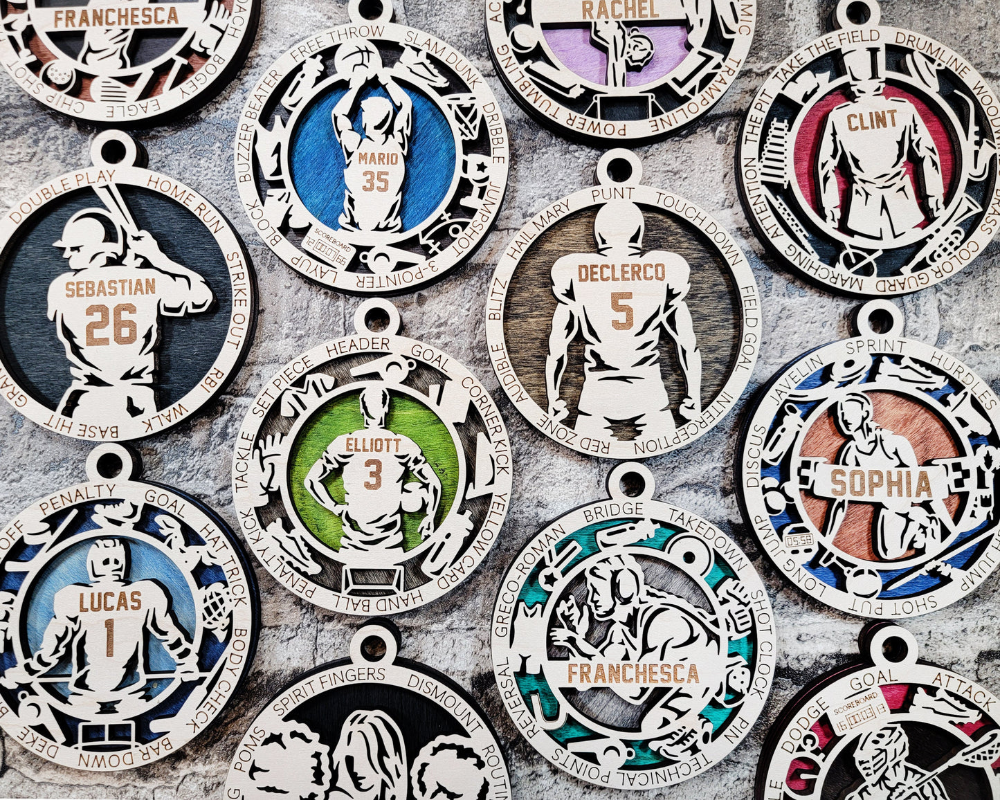 Custom Sports Ornaments - personalized, baseball, basketball, football, soccer, laser engraved ornaments, christmas ornaments