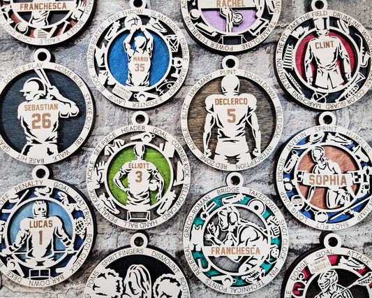 Custom Sports Ornaments - personalized, baseball, basketball, football, soccer, laser engraved ornaments, christmas ornaments