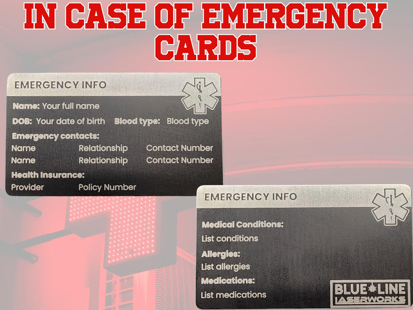 In Case of Emergency Card - medical card, emergency information, metal card