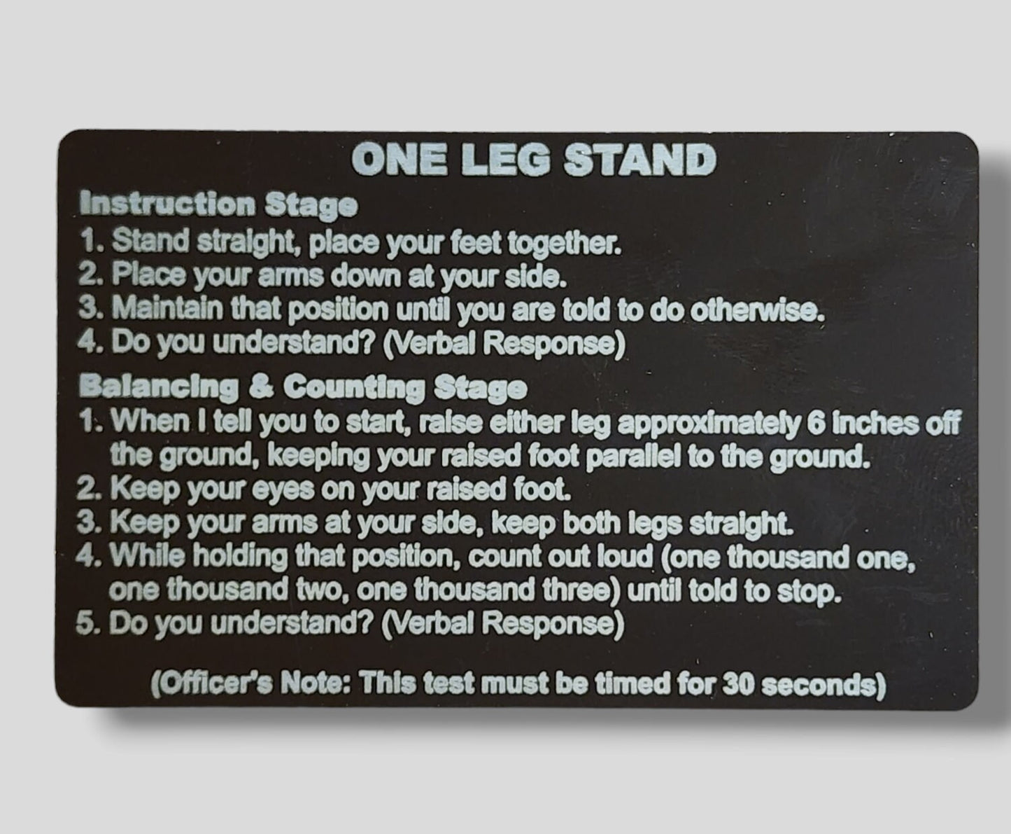 Metal NHTSA SFST Checklist Cards - walk and turn, hgn, one leg stand, law enforcement, trooper, dwi, police card