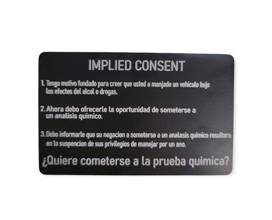 INDIANA Spanish Implied Consent Card - Indiana, law enforcement, police, sheriff, trooper