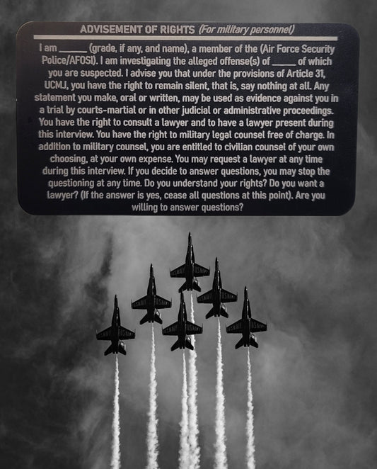 USAF rights advisement card with legal rights text for military personnel