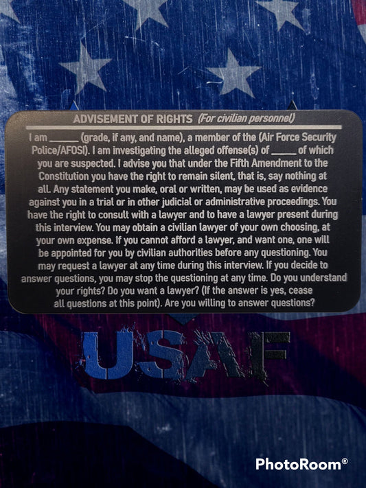 USAF rights advisement card with Air Force Security Police investigative rights