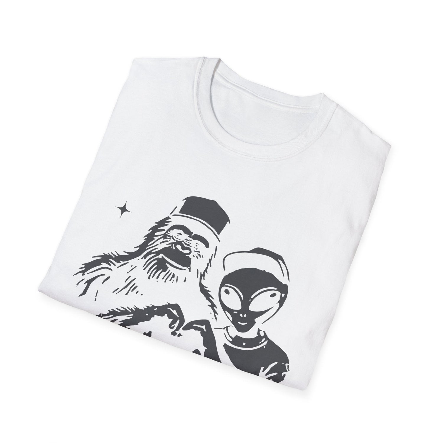 White  t-shirt with a black graphic of a Bigfoot and alien design for personalized clothing gifts