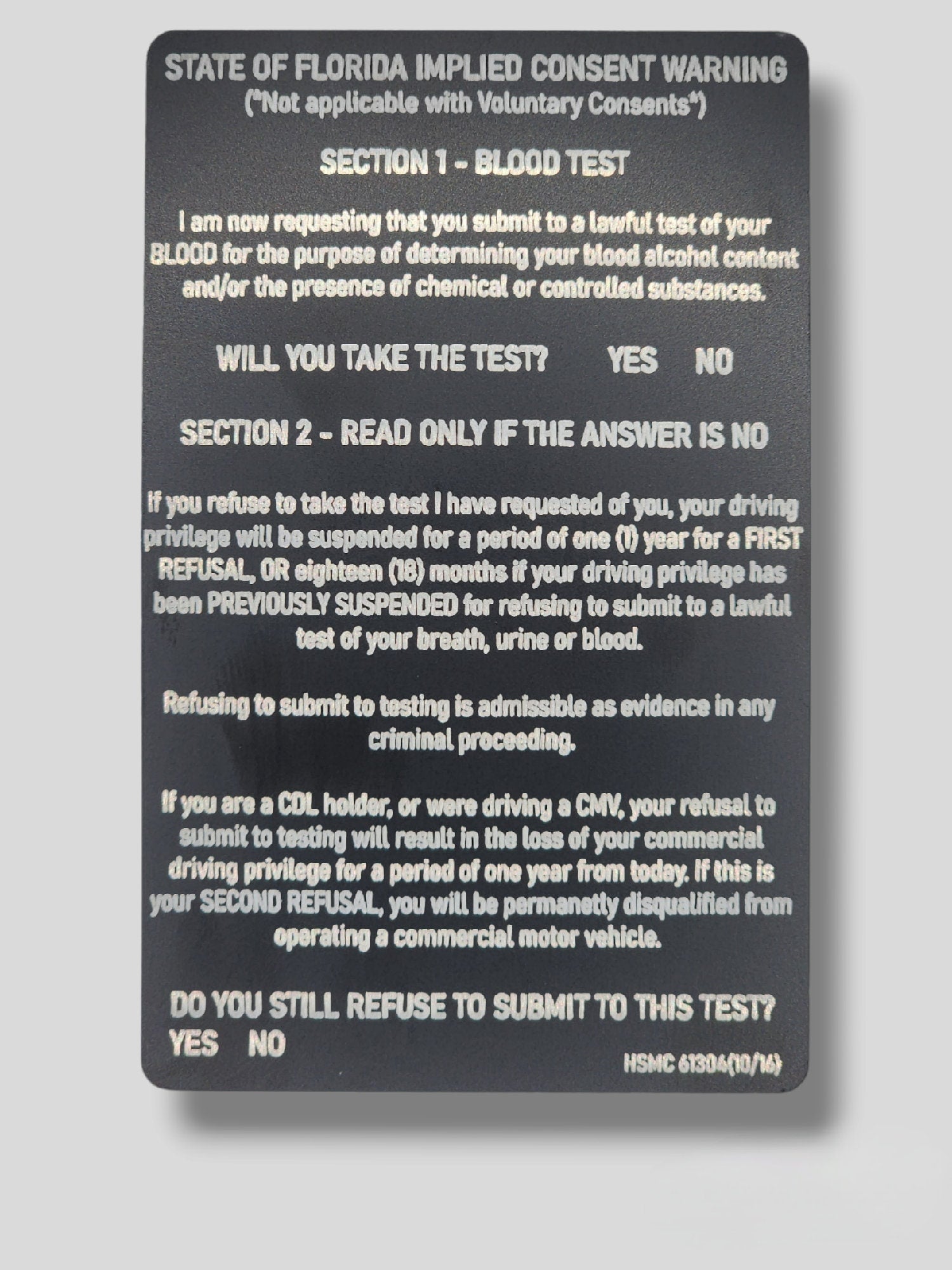 Florida Implied Consent Card - Florida, law enforcement, police