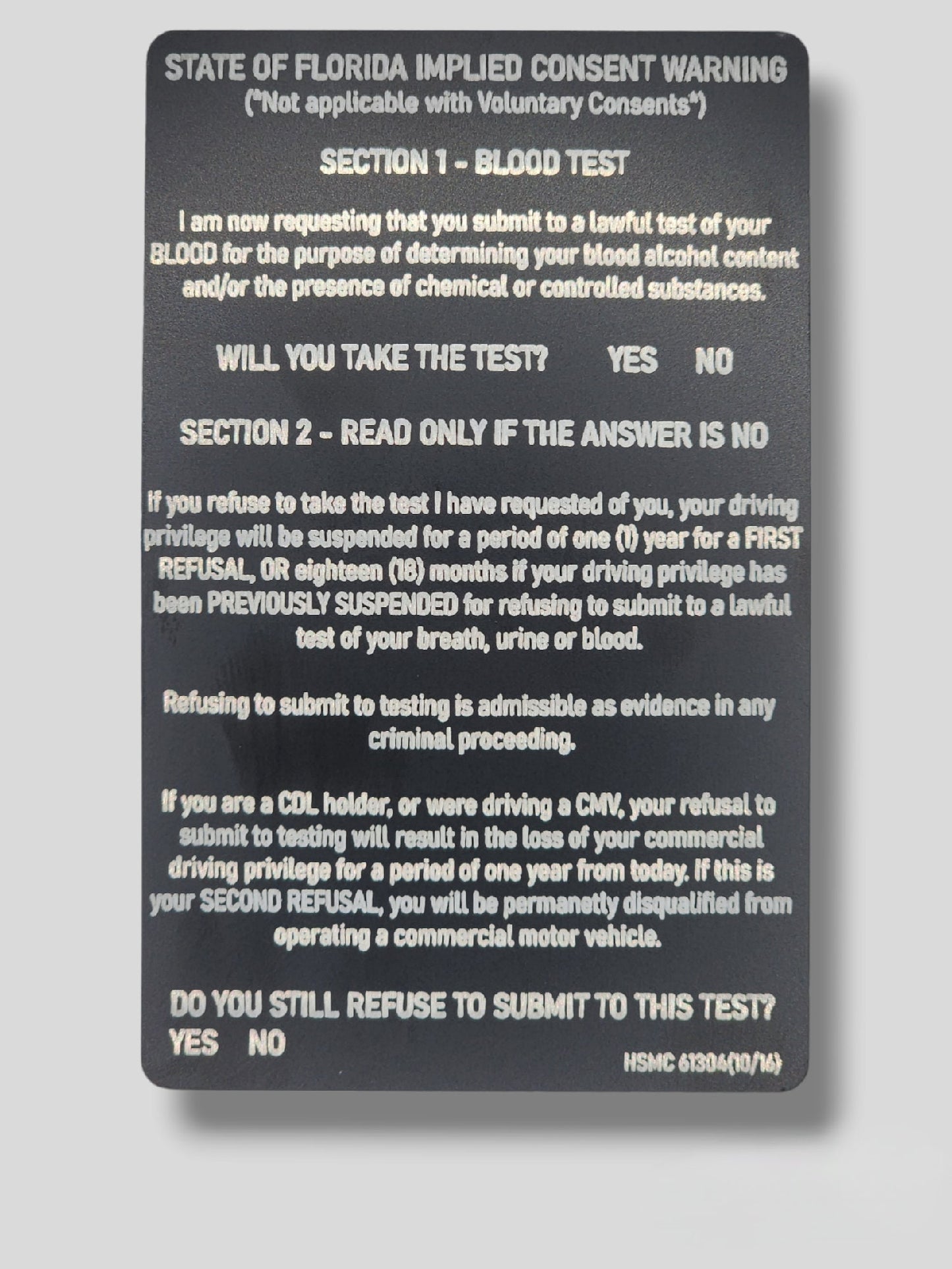 Florida Implied Consent Card - Florida, law enforcement, police, deputy, trooper, dwi, implied consent, gift for cop