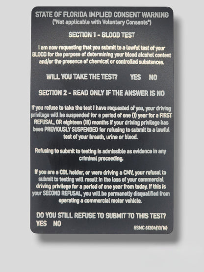 Florida Implied Consent Card - Florida, law enforcement, police, deputy, trooper, dwi, implied consent, gift for cop