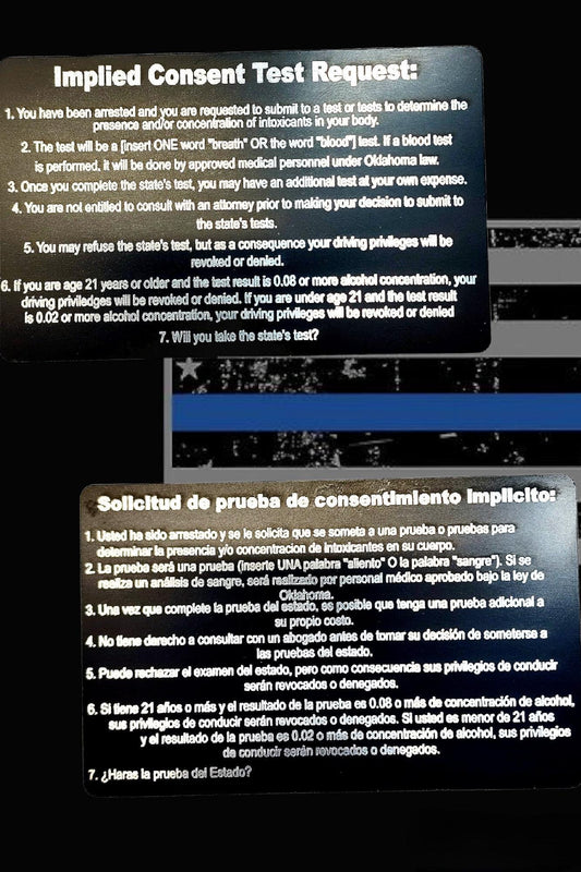 Oklahoma Spanish/English Implied Consent Card - Oklahoma, law enforcement, police, deputy, trooper, DWI, implied consent, spanish