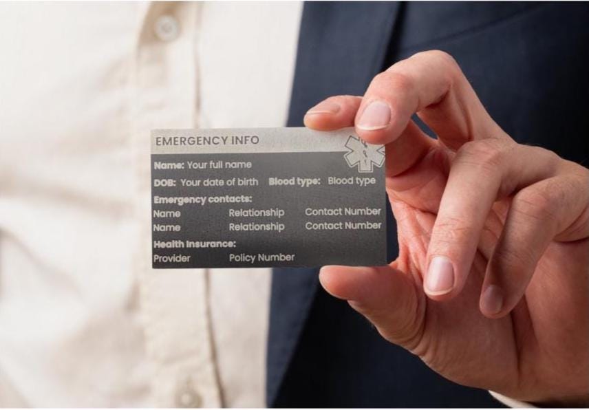 In Case of Emergency Card - medical card, emergency information, metal card