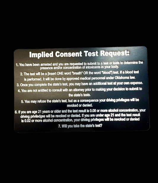 Oklahoma Spanish/English Implied Consent Card - Oklahoma, law enforcement, police, deputy, trooper, DWI, implied consent, spanish