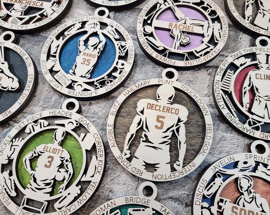 Custom Sports Ornaments - personalized, baseball, basketball, football, soccer, laser engraved ornaments, christmas ornaments