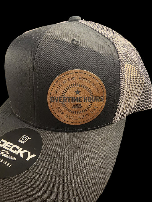 Working Overtime Hours Leather Patch Hat - anthony, overtime hours, pay, leather patch hat