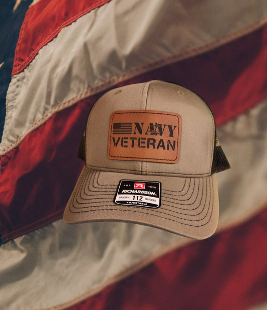 Navy Veteran Leather Patch Richardson Hat - snapback, leather patch hat, perfect gift for veterans