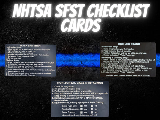 Metal NHTSA SFST Checklist Cards - walk and turn, hgn, one leg stand, law enforcement, trooper, dwi, police card