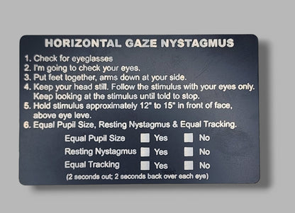 Metal NHTSA SFST Checklist Cards - walk and turn, hgn, one leg stand, law enforcement, trooper, dwi, police card