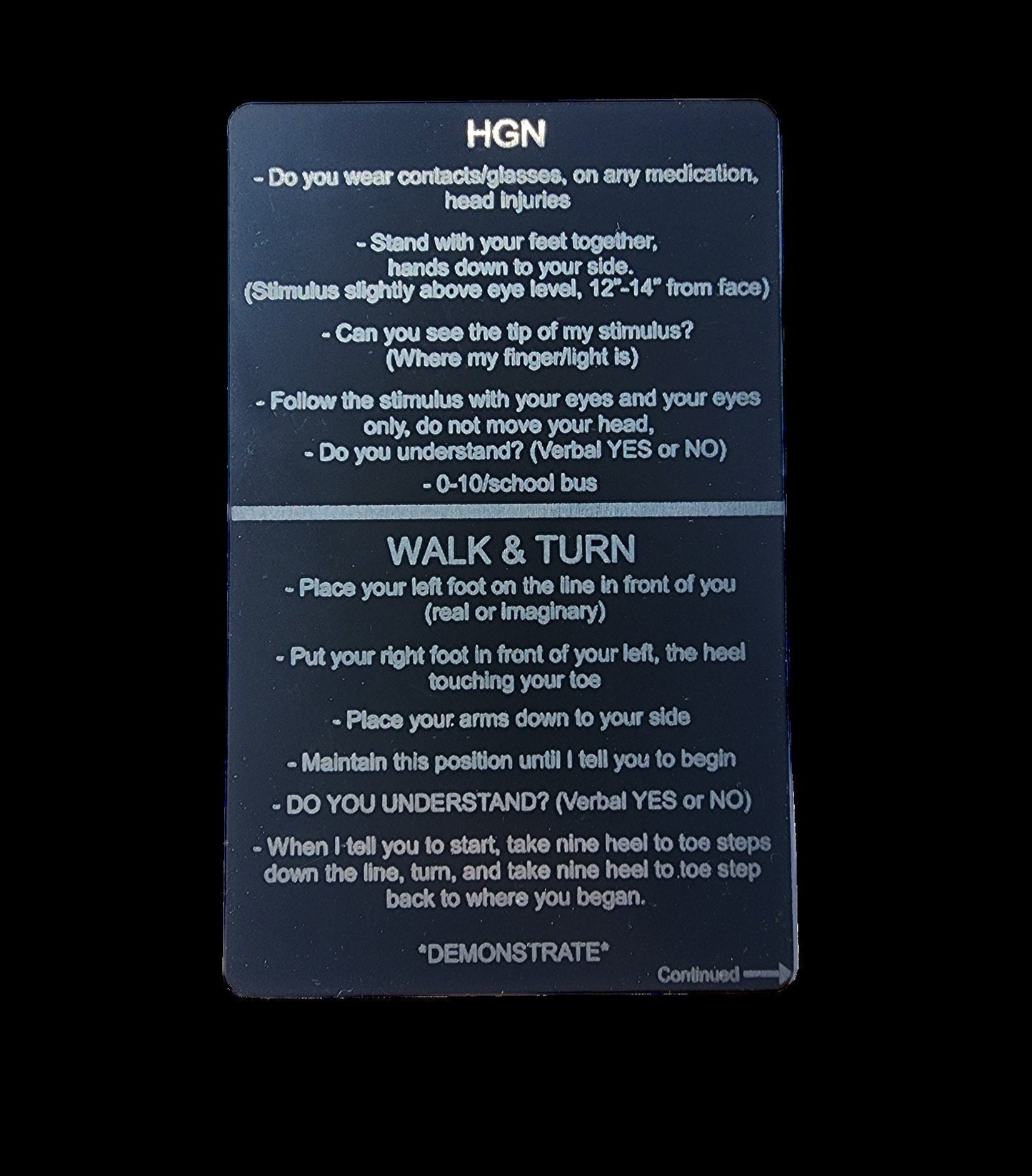 Metal SFST/HGN Card - field sobriety, law enforcement, cops, police, sheriff, metal card, thin blue line, trooper, dwi