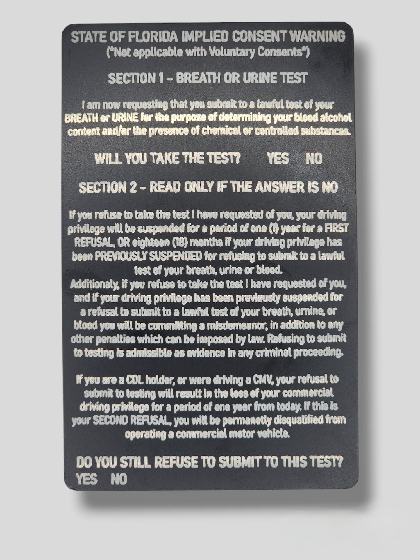 Florida Implied Consent Card - Florida, law enforcement, police, deputy, trooper, dwi, implied consent, gift for cop