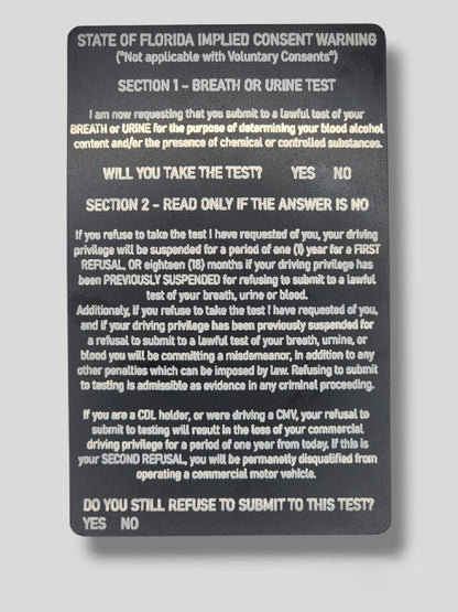 Florida Implied Consent Card - Florida, law enforcement, police, deputy, trooper, dwi, implied consent, gift for cop