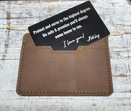 Personalized Police Wallet Insert with Protect and Serve message in brown leather card holder for LEO gift