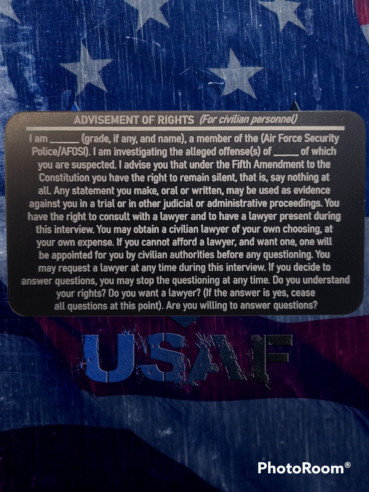 USAF rights advisement card with Air Force Security Police investigative rights